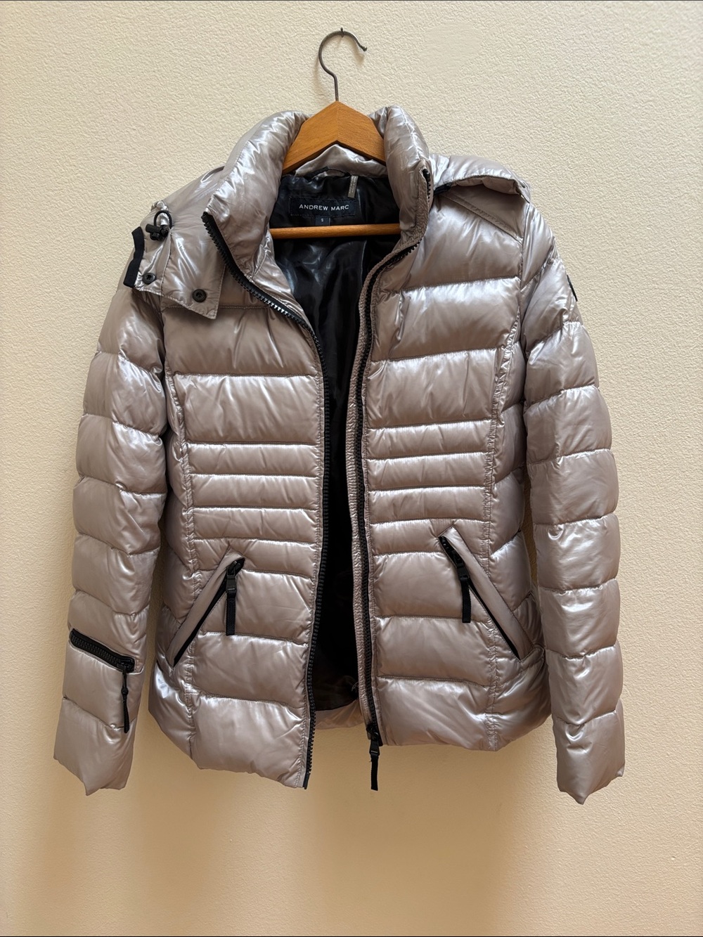 Andrew Marc Metallic Silver Quilted Duck Down Puffer Jacket Size S